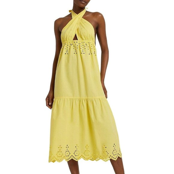 River Island Cutwork Halter Dress Yellow Size L Eyelet Trim  Midi Length - Picture 1 of 16